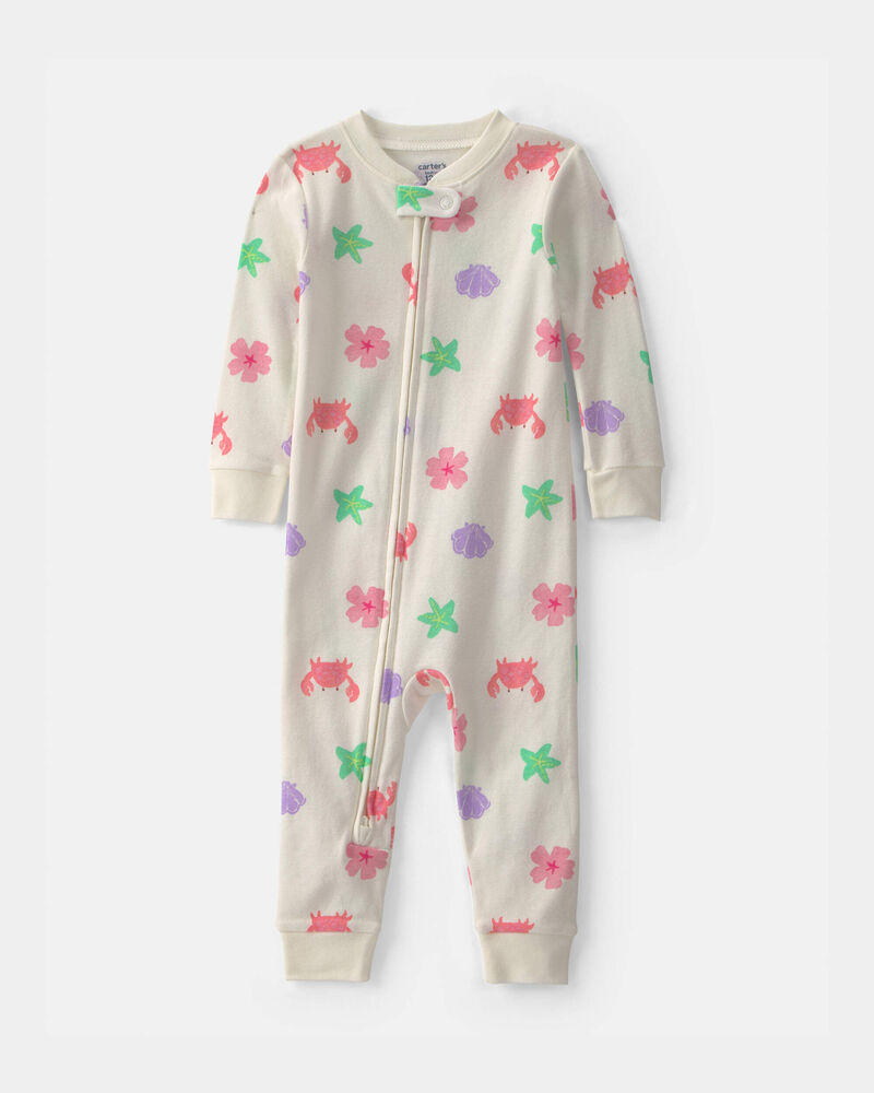 Baby Girl Sea Critters 100% Cotton 1-Piece Pajama - Cream, image 1 of 4 slides