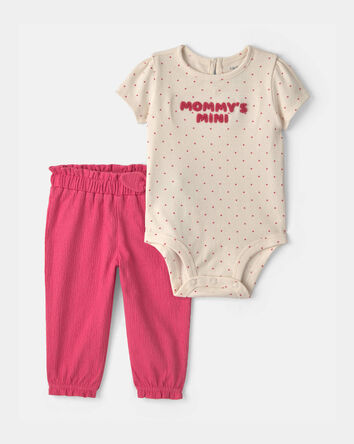 Baby Girl 2-Piece 'Mommy's Mini' Heart Bodysuit & Pant Set - Pink/Ivory, 