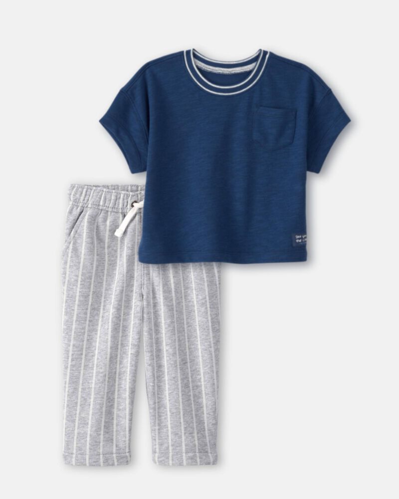 Baby Boy 2-Piece French Terry Pocket T-Shirt & Striped Pants Set - Navy/Grey, image 1 of 7 slides