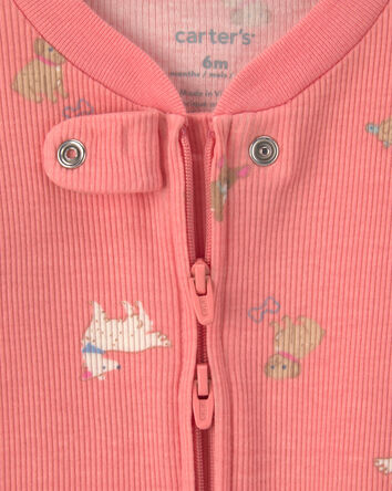 Baby Girl Dog Cotton 2-Way Zip Sleep & Play Pajamas - Coral, 