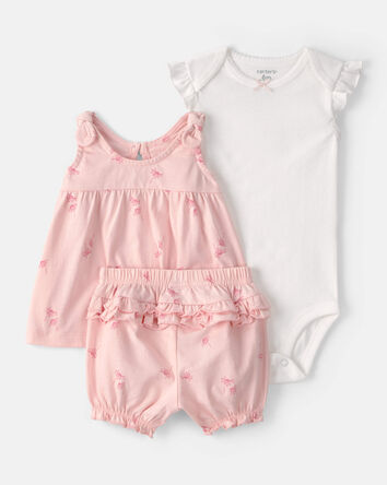 Baby Girl 3-Piece Bodysuit, Tank and Shorts Set - Pink/Ivory, 