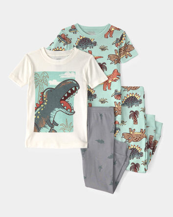 Toddler Boy Dinosaur 100% Cotton Snug Fit 4-Piece Pajama Set - Blue/Grey, 