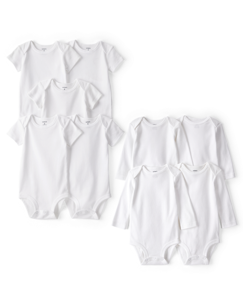 Baby 9-Pack Short Sleeve & Long Sleeve Cotton Bodysuits - White, image 1 of 4 slides
