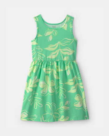 Girls Tropical Floral Short-Sleeve Knit Dress - Green, 