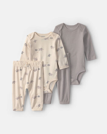 Baby 4-Piece Elephant Long-Sleeve Bodysuit & Pant Set - Grey, 