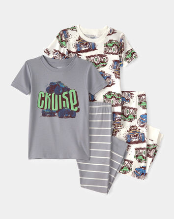 Toddler Boy Monster Truck 100% Cotton Snug Fit 4-Piece Pajama Set - Grey, 