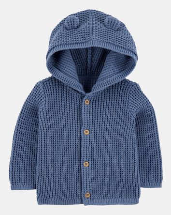 Baby Hooded Waffle Knit Cardigan - Navy Blue, 