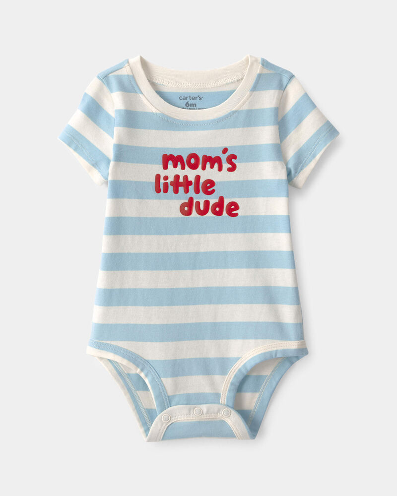 Baby Boy 'Mom's Little Dude' Striped Graphic Bodysuit - Blue/Ivory, image 1 of 3 slides