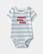 Baby Boy 'Mom's Little Dude' Striped Graphic Bodysuit - Blue/Ivory, image 1 of 3 slides