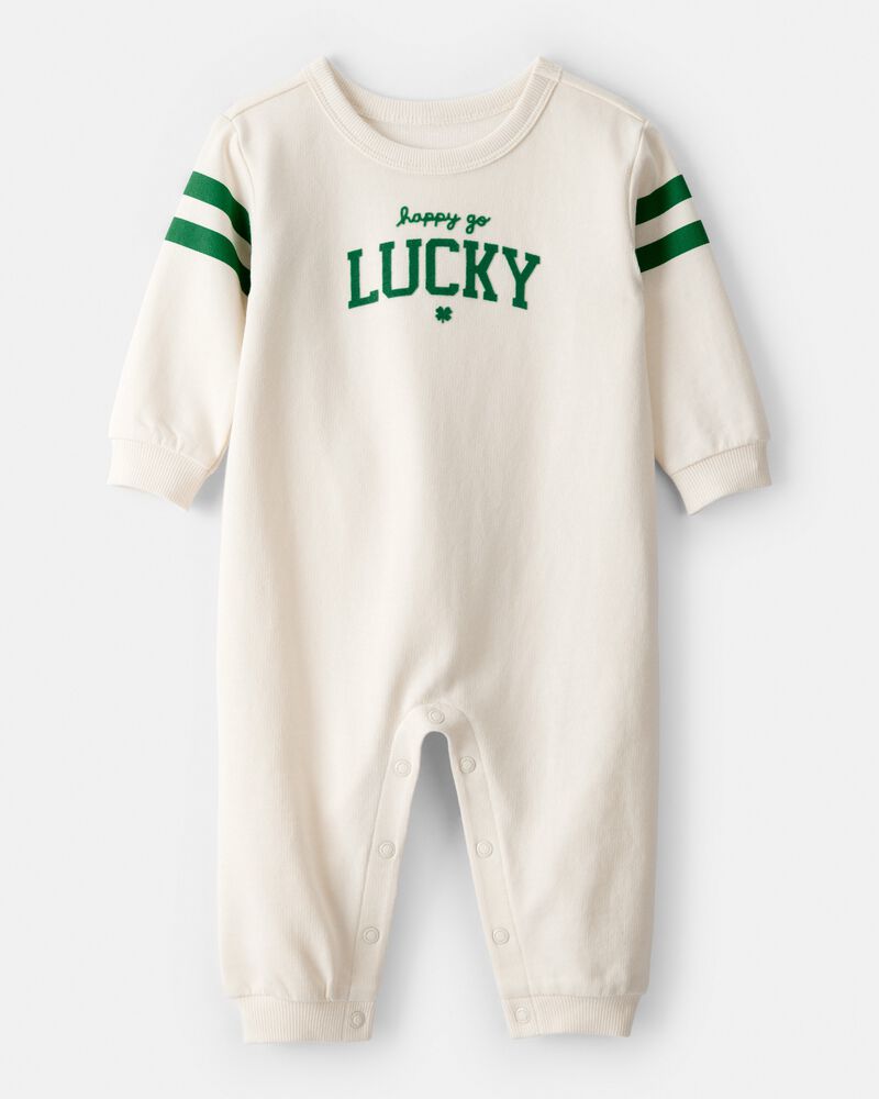 Baby St. Patrick's Day Lucky French Terry Long-Sleeve Jumpsuit - Cream, image 1 of 4 slides
