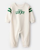 Baby St. Patrick's Day Lucky French Terry Long-Sleeve Jumpsuit - Cream, image 1 of 4 slides