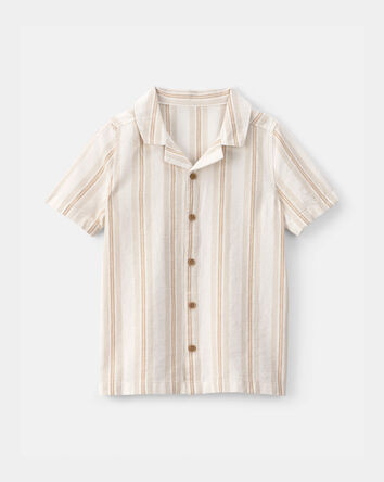 Boys Linen Striped Short-Sleeve Button-Down Shirt - Tan/Ivory, 