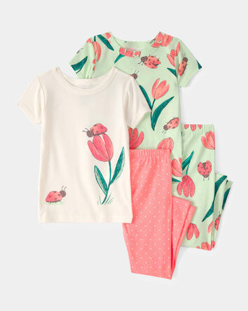 Toddler Girl Ladybug Floral 100% Cotton Snug Fit 4-Piece Pajama Set - Pink/Green, 