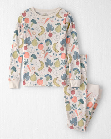 Kids 2-Piece Organic Cotton Ribbed Pajama Set in Veggie Fruit Print, 