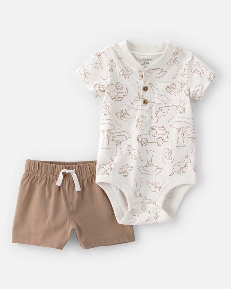 Baby Boy 2-Piece Safari Short-Sleeve Bodysuit & Short Set - Brown/White, image 1 of 4 slides