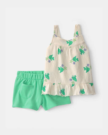 Toddler Girl 2-Piece Fish Ruffle Top & Short Set - Green/Ivory, 