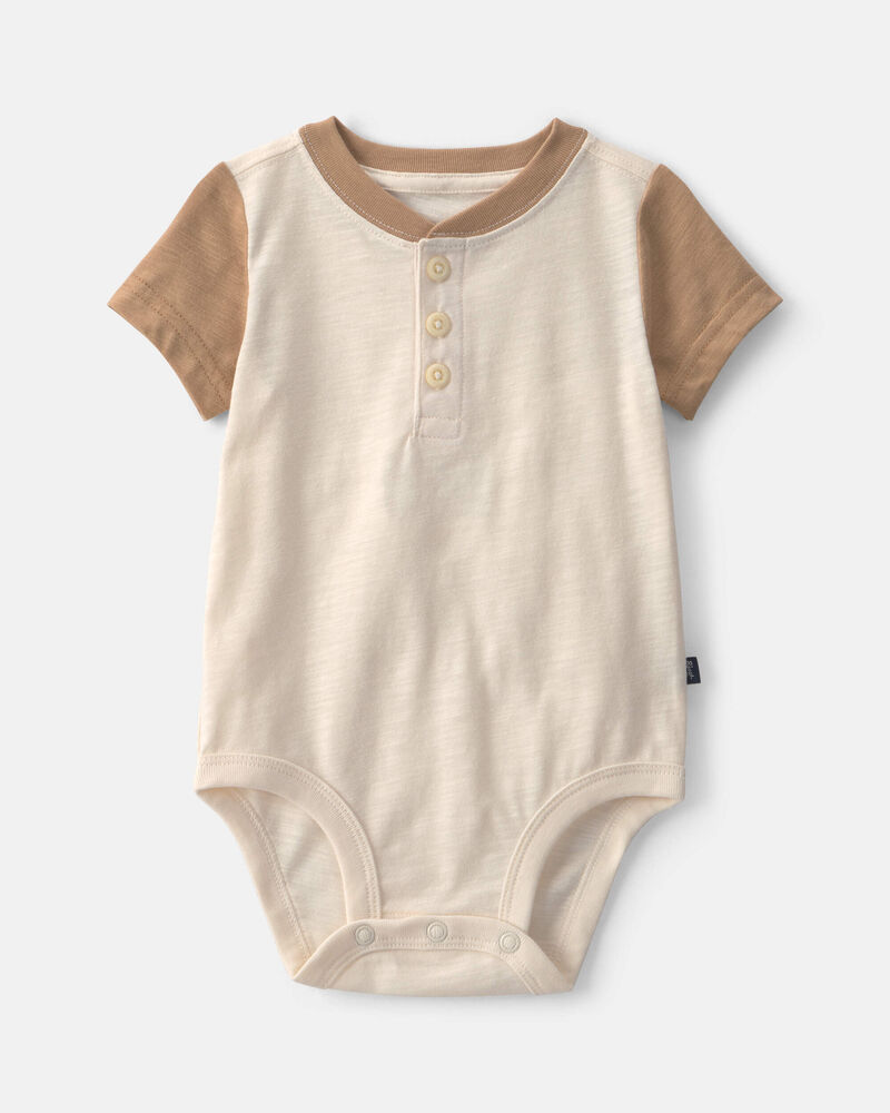 Baby Boy Henley Short-Sleeve Bodysuit - Cream/Brown, image 1 of 3 slides