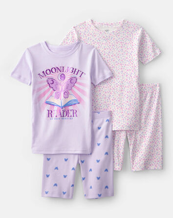 Girls Butterfly Floral 100% Cotton Short-Sleeve Snug Fit 4-Piece Pajama Set - Purple, 