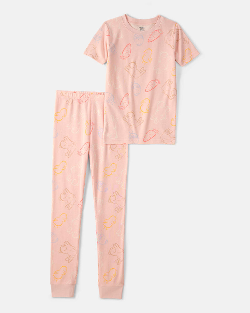Girls Easter Bunny 100% Cotton Snug Fit 2-Piece Pajama Set - Pink, image 1 of 5 slides