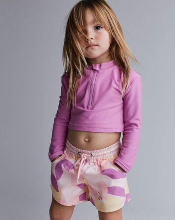 Toddler Girl Cropped Long-Sleeve Rashguard Set in Tropical Print - Purple/Rose, 