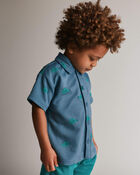 Toddler Boy Button-Down Short-Sleeve Shirt in Fish Print - Slate Blue, image 1 of 6 slides