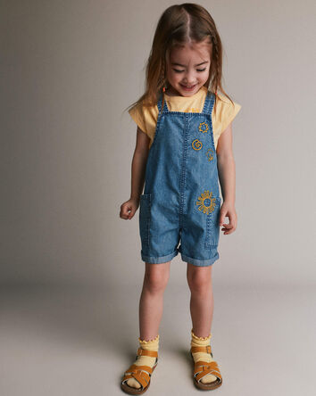 Toddler Embroidered Shortall with Pockets in Chambray, 