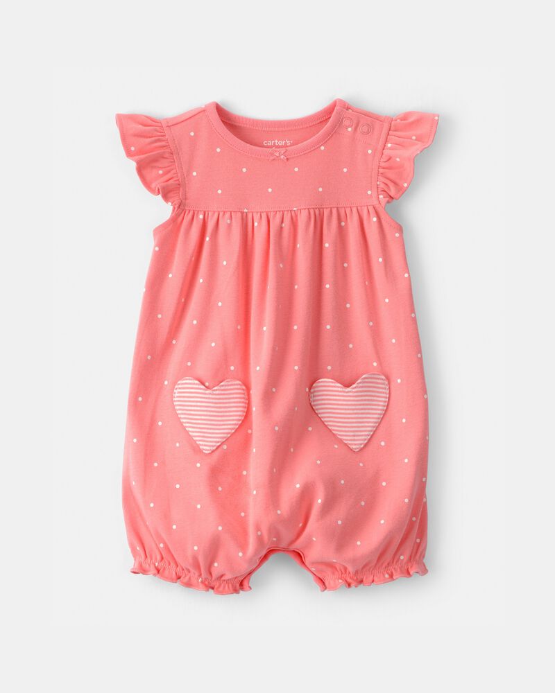 Baby Girl Heart Pocket Short-Sleeve Romper - Coral, image 1 of 4 slides