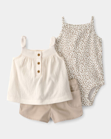 Baby Girl 3-Piece Cheetah Top, Bodysuit & Short Set - Khaki/Ivory, 