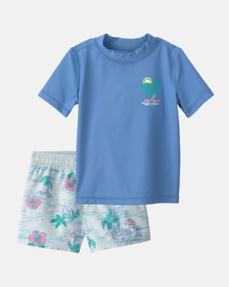 Toddler Boy 2-Piece Palm Tree Rashguard & Swim Trunk Set - Blue, image 1 of 9 slides