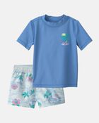 Toddler Boy 2-Piece Palm Tree Rashguard & Swim Trunk Set - Blue, image 1 of 9 slides