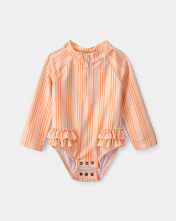 Baby Girl 1-Piece Striped Long-Sleeve Rashguard Swimsuit - Orange, 