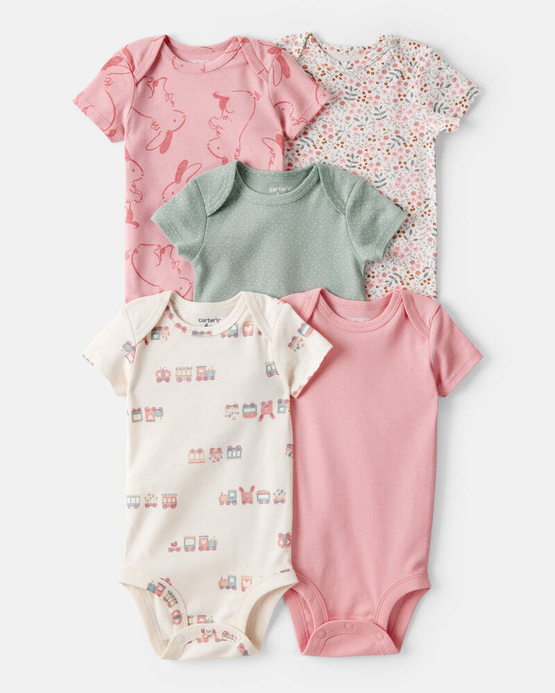 Baby Girl 5-Pack Train Floral Multipack Bodysuits - Green/Pink, image 1 of 7 slides