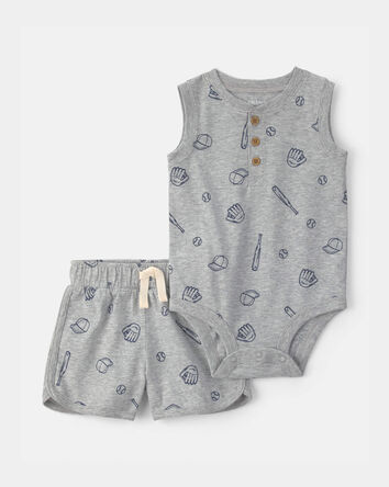 Baby Boy 2-Piece Baseball Sleeveless Bodysuit & Short Set - Grey, 
