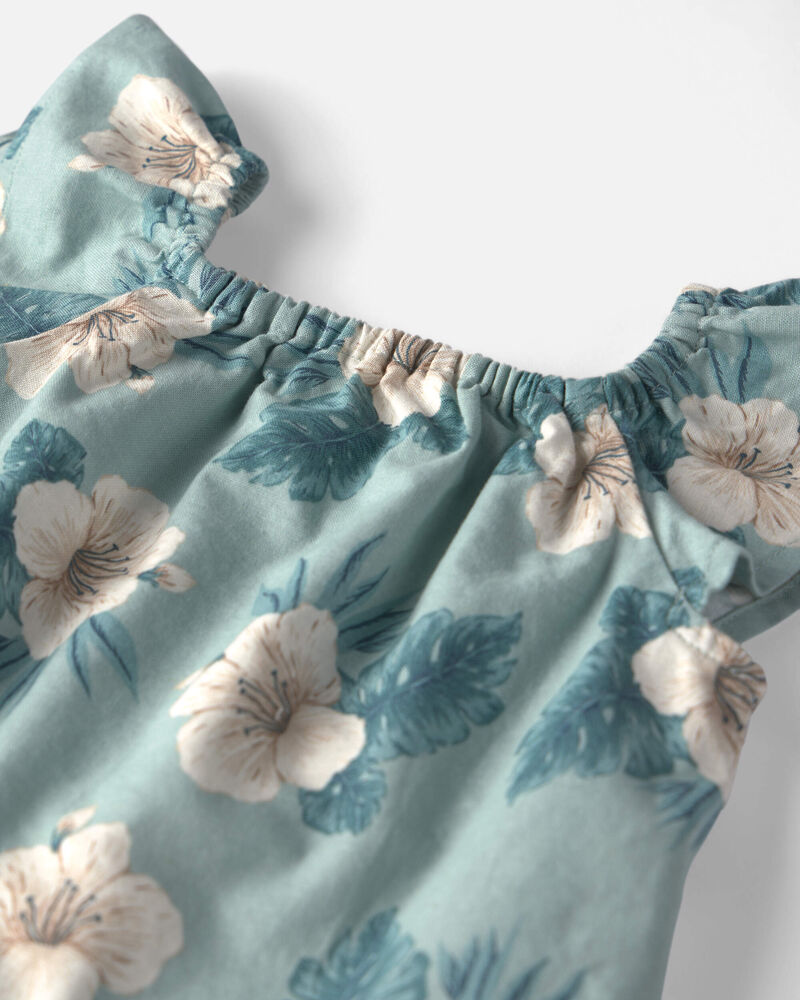Toddler Girl 2-Piece Linen Top & Short Set Made with Organic Cotton in Blue Hibiscus, image 3 of 5 slides