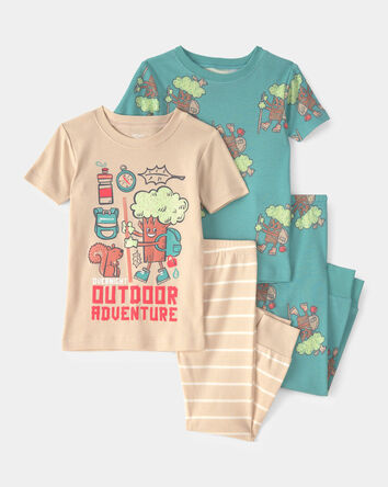 Toddler Boy Tree 100% Cotton Snug Fit 4-Piece Pajama Set - Green/Cream, 