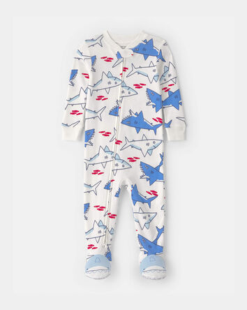 Baby Boy Shark 100% Cotton Snug Fit 1-Piece Pajama - Ivory/Blue, 