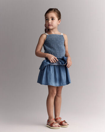 Toddler Girl Smocked Tiered Skirt in Chambray, 