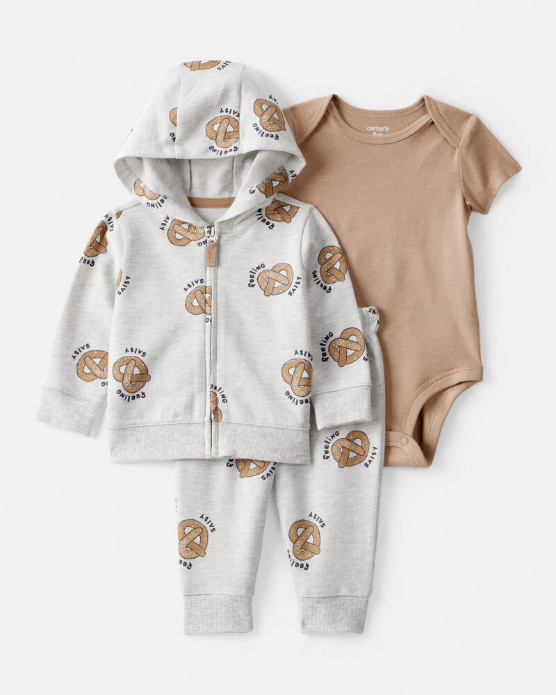 Baby Boy 3-Piece 'Feeling Salty' Pretzel Jacket Outfit Set - Grey/Brown, image 1 of 4 slides