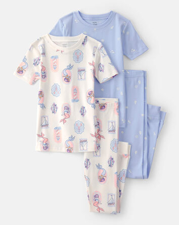 Girls Mermaid 100% Cotton Snug Fit 4-Piece Pajama Set - Blue/Ivory, 