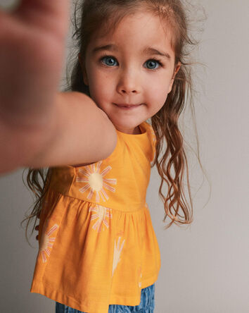 Toddler Girl Peplum Top in Sunny Life Print - Golden Yellow, 