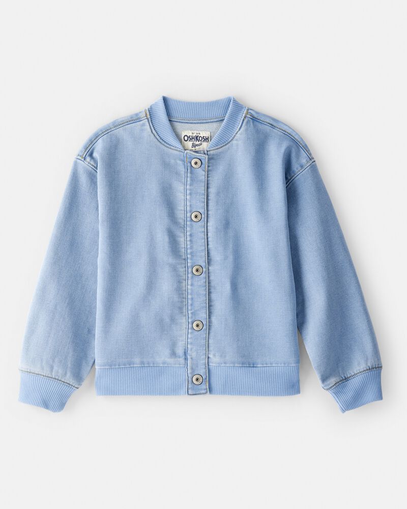 Girls Light Wash Denim Bomber Jacket - Blue, image 1 of 3 slides