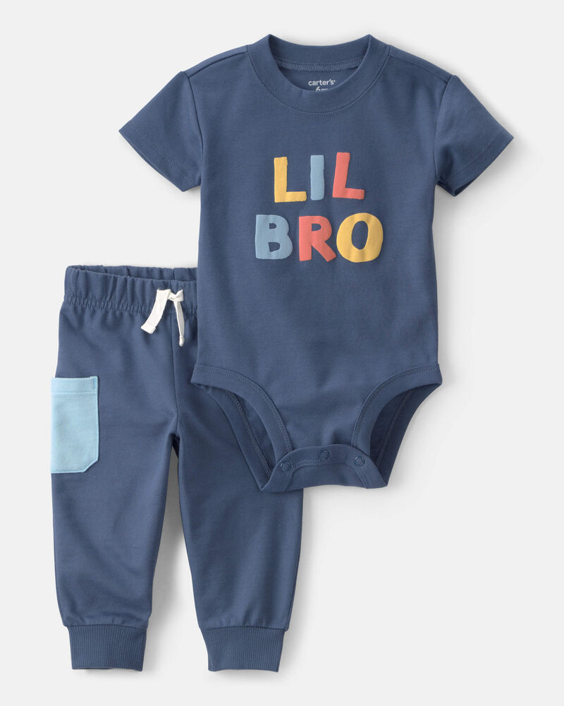 Baby Boy 2-Piece 'Lil Bro' Bodysuit & Pant Set - Blue, image 1 of 5 slides