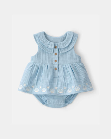 Baby Girl Shell Embroidered Gauze Bodysuit Dress - Blue, 
