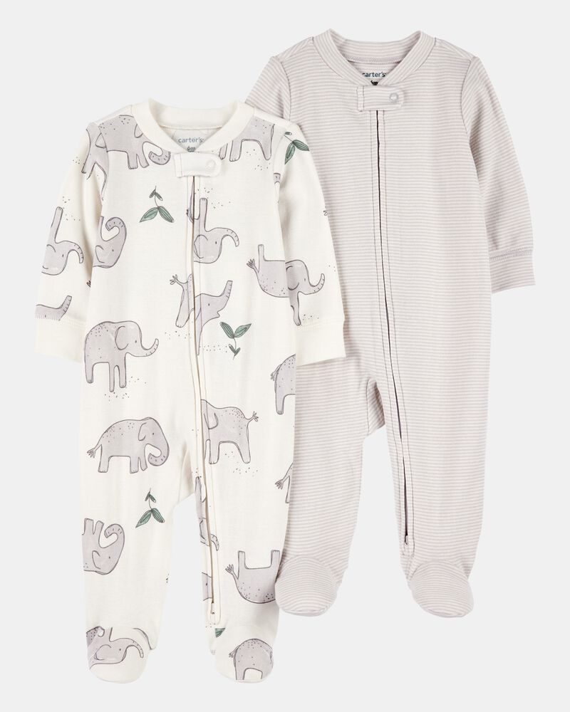Baby 2-Pack Striped Elephant 2-Way Zip Cotton Sleep & Play Pajamas - Grey, image 1 of 4 slides