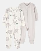 Baby 2-Pack Striped Elephant 2-Way Zip Cotton Sleep & Play Pajamas - Grey, image 1 of 4 slides