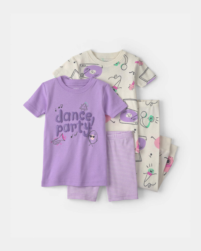 Toddler Girl Dance Party 100% Cotton 4-Piece Pajama Set - Purple/Ivory, image 1 of 5 slides