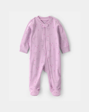 Baby Girl Bunny 100% Cotton 2-Way Zip Sleep & Play Pajamas - Purple, 