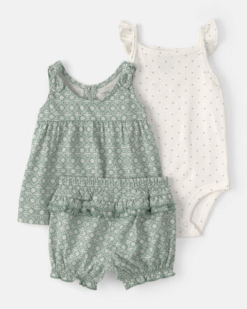 Baby Girl 3-Piece Tank and Shorts Set - Green/Ivory , 