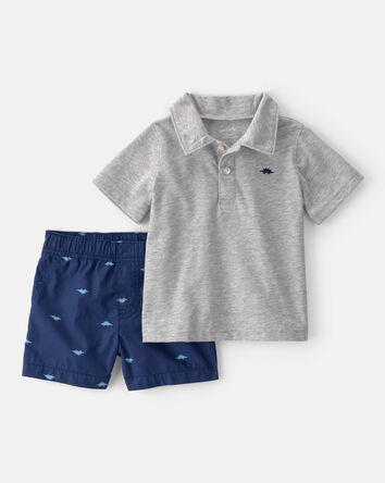 Baby Boy 2-Piece Dinosaur Polo & Short Set - Navy/Grey, 