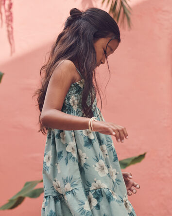 Girls Smocked Linen Dress Made with Organic Cotton in Blue Hibiscus, 